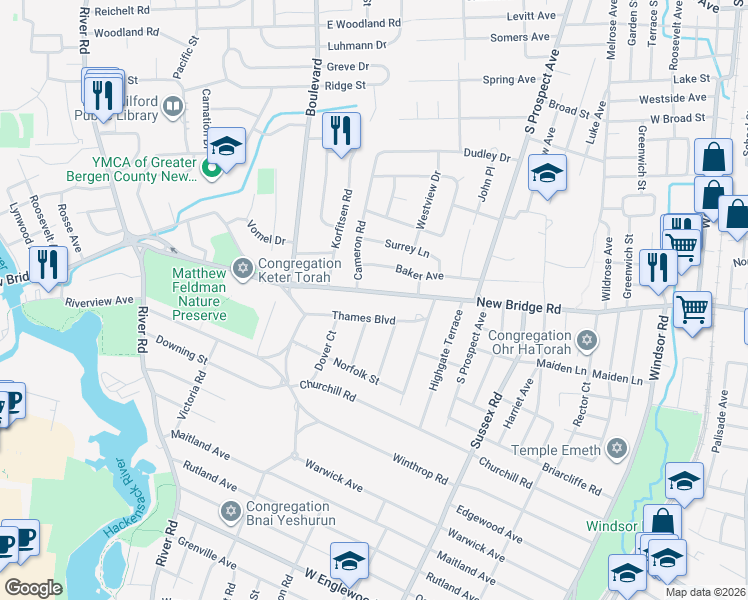 map of restaurants, bars, coffee shops, grocery stores, and more near 45 Thames Boulevard in Bergenfield