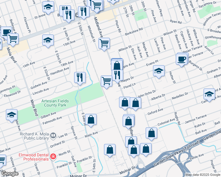 map of restaurants, bars, coffee shops, grocery stores, and more near 24 Rosol Lane in Saddle Brook