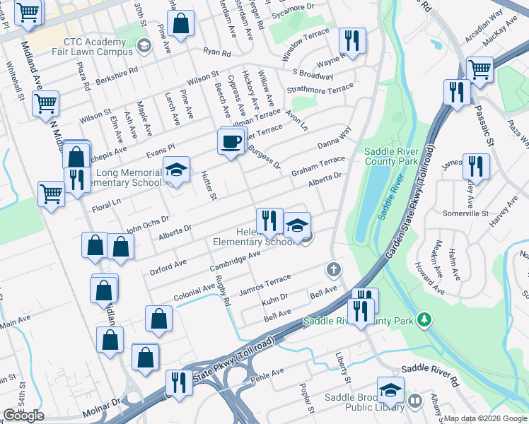 map of restaurants, bars, coffee shops, grocery stores, and more near 413 Fairlawn Parkway in Saddle Brook