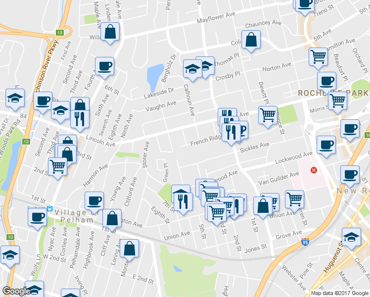 map of restaurants, bars, coffee shops, grocery stores, and more near 82 French Ridge in New Rochelle