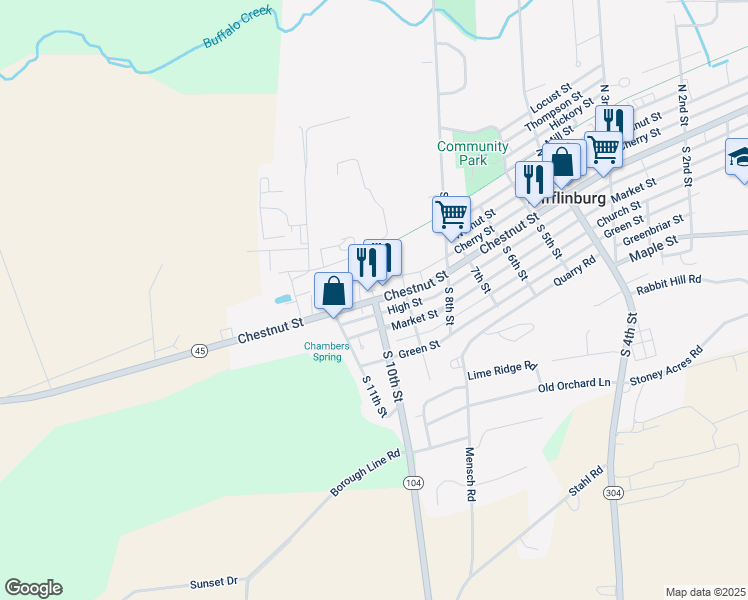 map of restaurants, bars, coffee shops, grocery stores, and more near 917 Chestnut Street in Mifflinburg
