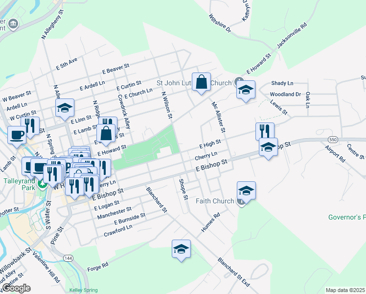 map of restaurants, bars, coffee shops, grocery stores, and more near 110 North Wilson Street in Bellefonte