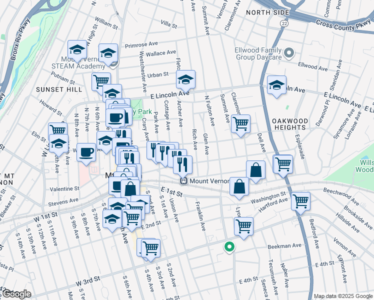 map of restaurants, bars, coffee shops, grocery stores, and more near 19 Archer Avenue in Mount Vernon