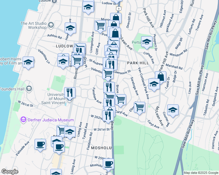 map of restaurants, bars, coffee shops, grocery stores, and more near 40 Leighton Avenue in Yonkers