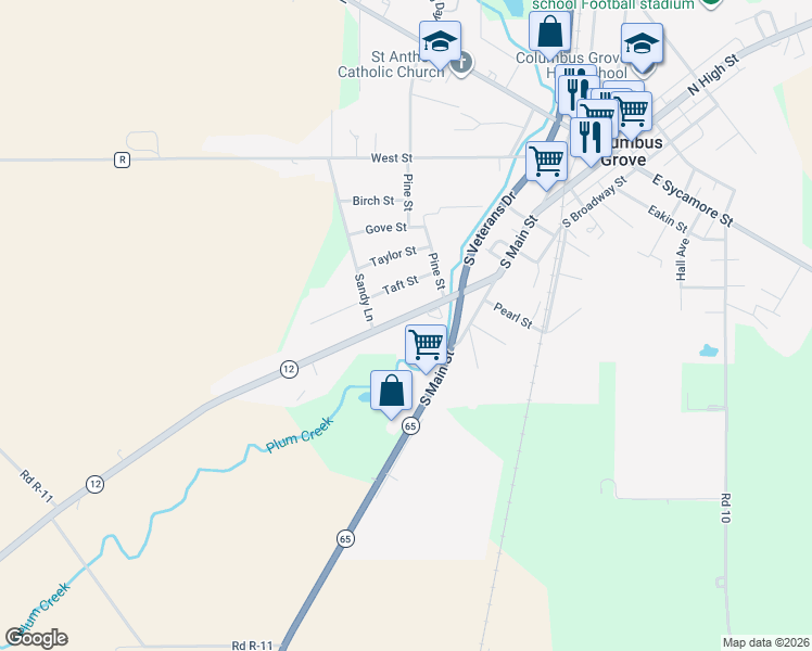 map of restaurants, bars, coffee shops, grocery stores, and more near 10695 Sr 12 in Columbus Grove