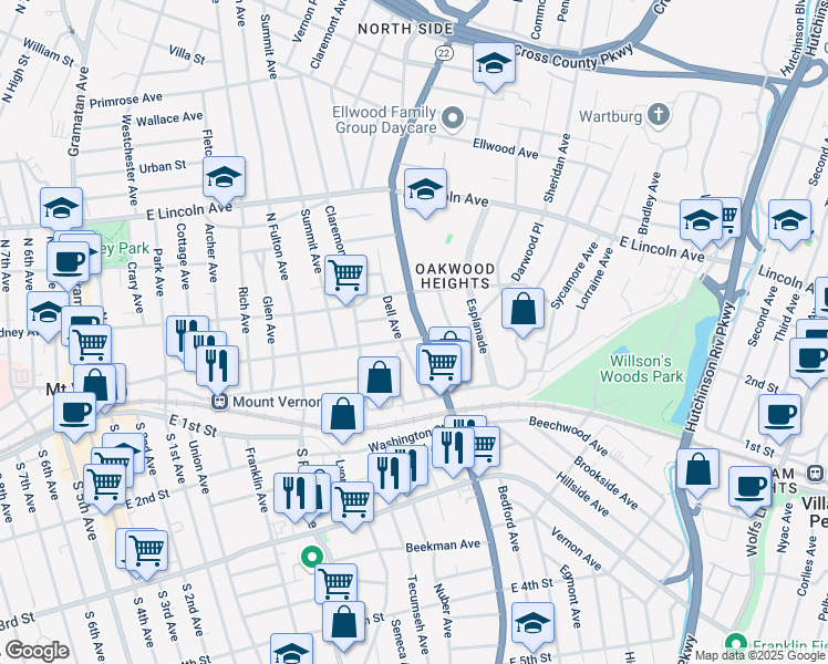 map of restaurants, bars, coffee shops, grocery stores, and more near 66 New York 22 in Mount Vernon