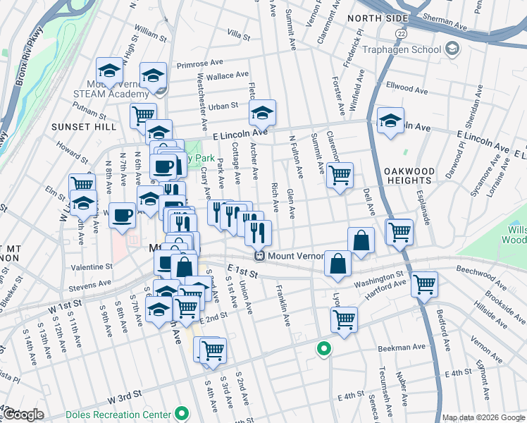 map of restaurants, bars, coffee shops, grocery stores, and more near 19 Archer Avenue in Mount Vernon
