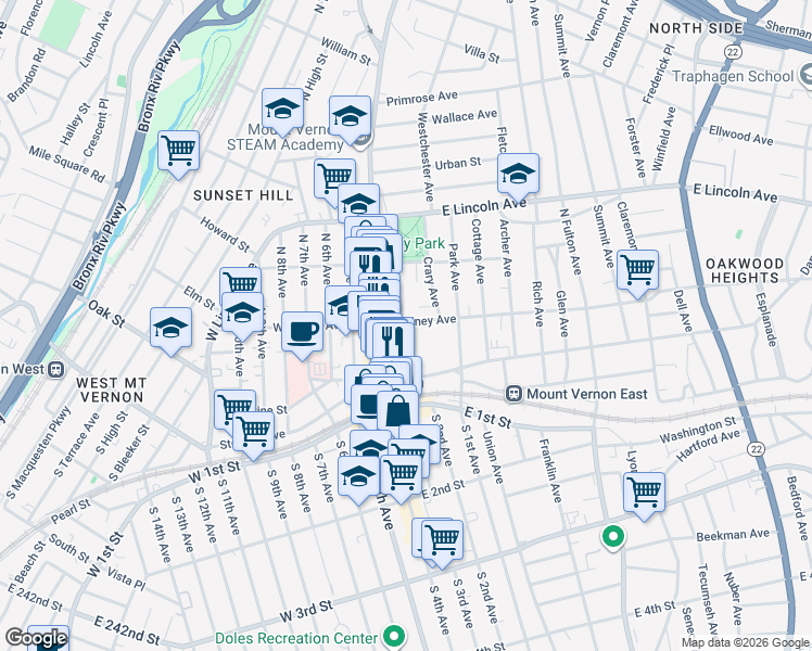 map of restaurants, bars, coffee shops, grocery stores, and more near in Mount Vernon