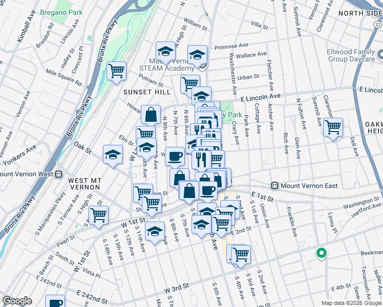 map of restaurants, bars, coffee shops, grocery stores, and more near 28 West Sidney Avenue in Mount Vernon