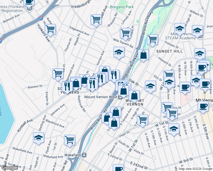map of restaurants, bars, coffee shops, grocery stores, and more near 15 Overhill Place in Yonkers