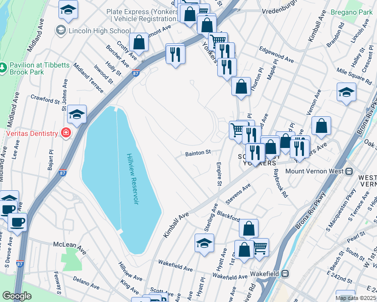 map of restaurants, bars, coffee shops, grocery stores, and more near 46 Bainton Street in Yonkers