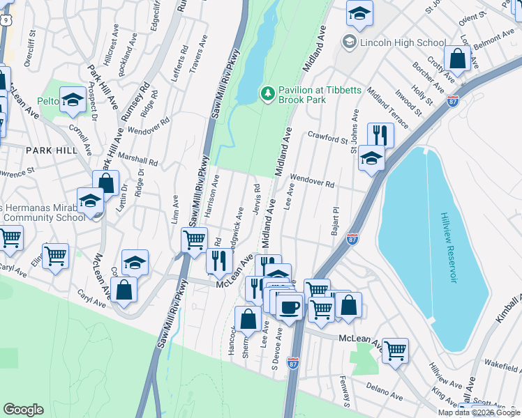map of restaurants, bars, coffee shops, grocery stores, and more near 58 Midland Avenue in Yonkers