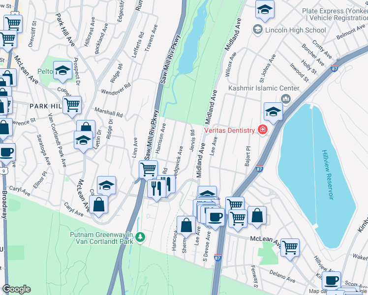 map of restaurants, bars, coffee shops, grocery stores, and more near 210 Sedgwick Avenue in Yonkers