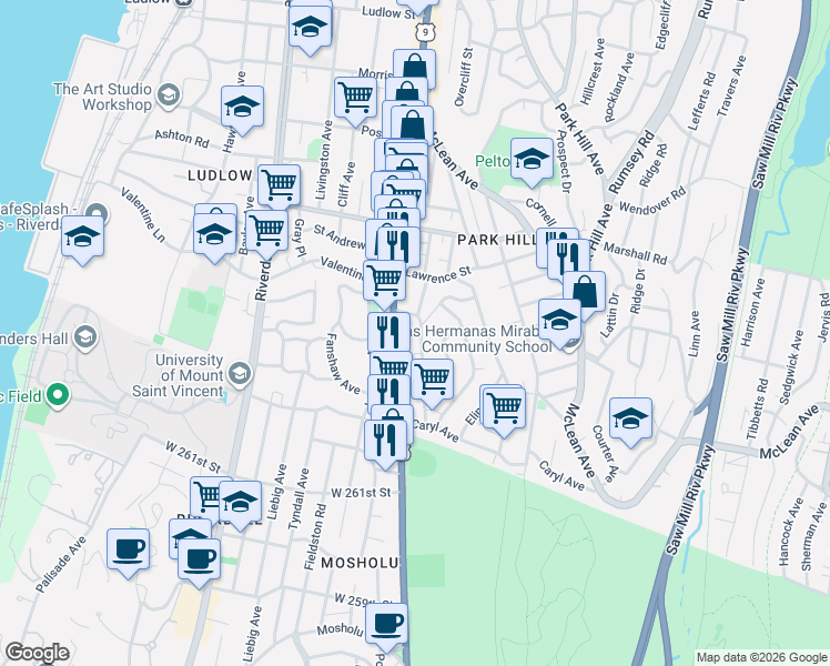 map of restaurants, bars, coffee shops, grocery stores, and more near 105 Bruce Avenue in Yonkers