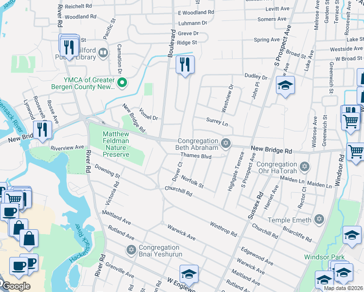 map of restaurants, bars, coffee shops, grocery stores, and more near 85 Thames Boulevard in Bergenfield