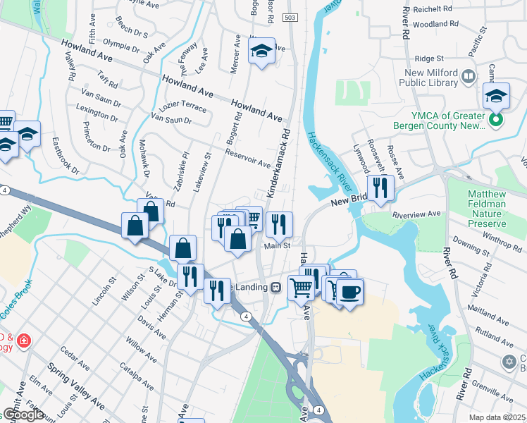 map of restaurants, bars, coffee shops, grocery stores, and more near 172 Kinderkamack Road in River Edge