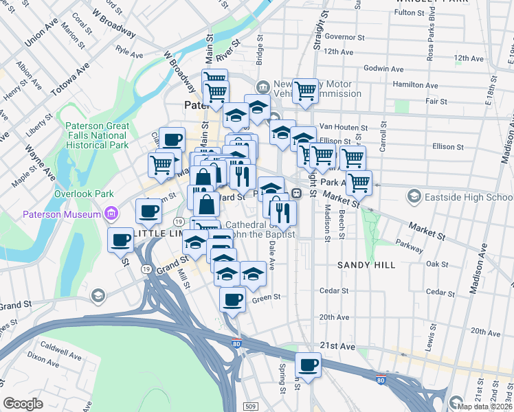 map of restaurants, bars, coffee shops, grocery stores, and more near 63 Clark Street in Paterson