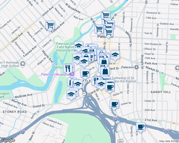 map of restaurants, bars, coffee shops, grocery stores, and more near 64 Mill Street in Paterson