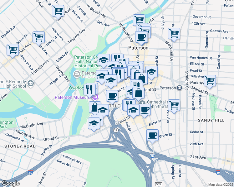 map of restaurants, bars, coffee shops, grocery stores, and more near 64 Mill Street in Paterson
