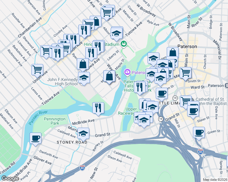 map of restaurants, bars, coffee shops, grocery stores, and more near 68 Front Street in Paterson