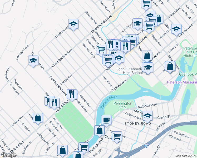 map of restaurants, bars, coffee shops, grocery stores, and more near 110 Union Avenue in Paterson