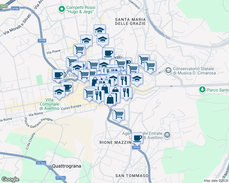 map of restaurants, bars, coffee shops, grocery stores, and more near 118 Via Francesco De Sanctis in Avellino