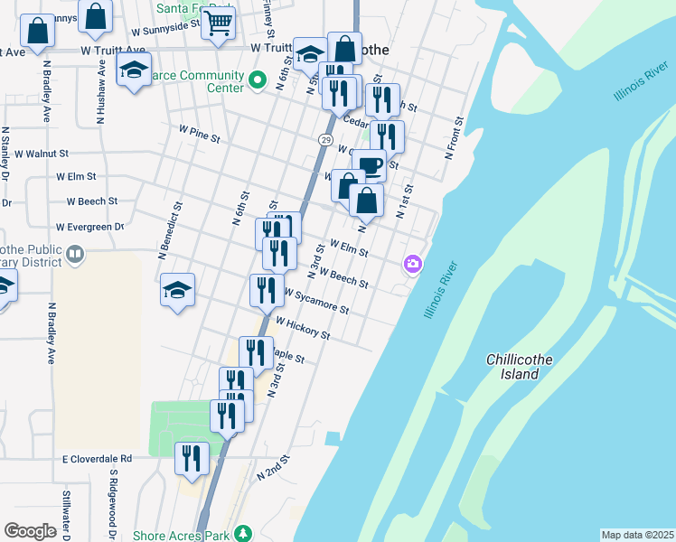 map of restaurants, bars, coffee shops, grocery stores, and more near 200-218 West Beech Street in Chillicothe