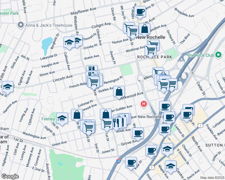 map of restaurants, bars, coffee shops, grocery stores, and more near 154 Sickles Avenue in New Rochelle