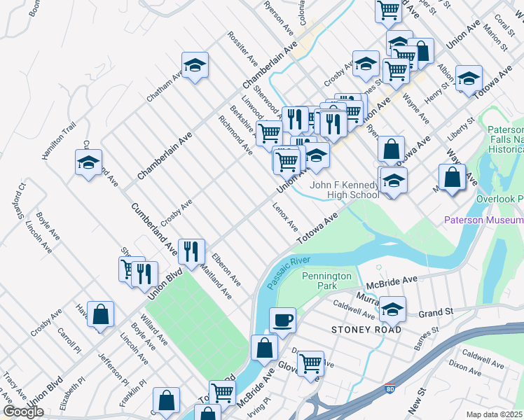 map of restaurants, bars, coffee shops, grocery stores, and more near 110 Union Avenue in Paterson