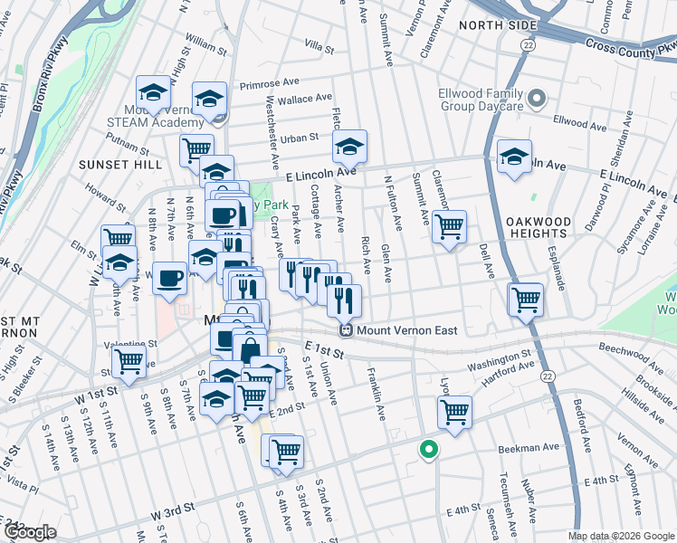 map of restaurants, bars, coffee shops, grocery stores, and more near 21 Cottage Avenue in Mount Vernon