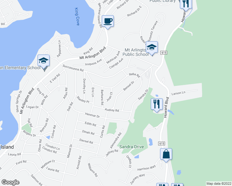 map of restaurants, bars, coffee shops, grocery stores, and more near 614 Bensel Drive in Mount Arlington