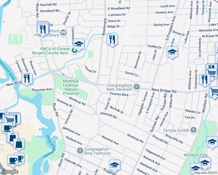 map of restaurants, bars, coffee shops, grocery stores, and more near 85 Thames Boulevard in Bergenfield