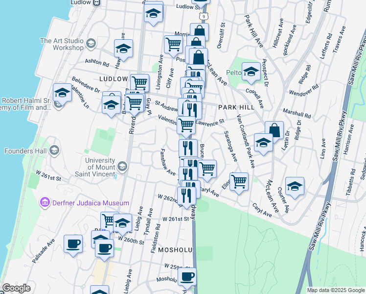 map of restaurants, bars, coffee shops, grocery stores, and more near 4 Berkeley Avenue in Yonkers