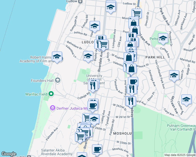 map of restaurants, bars, coffee shops, grocery stores, and more near 532 Riverdale Avenue in Yonkers
