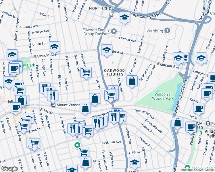 map of restaurants, bars, coffee shops, grocery stores, and more near 66 New York 22 in Mount Vernon