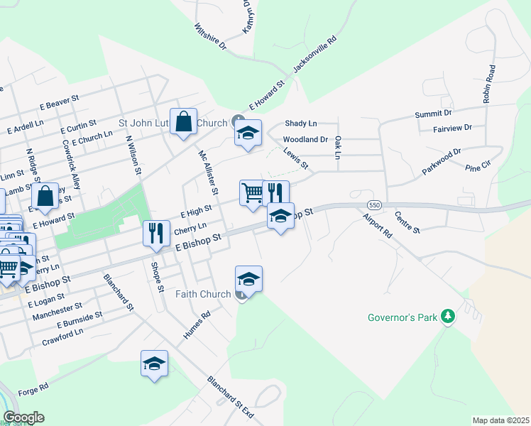 map of restaurants, bars, coffee shops, grocery stores, and more near 111 South School Street in Bellefonte