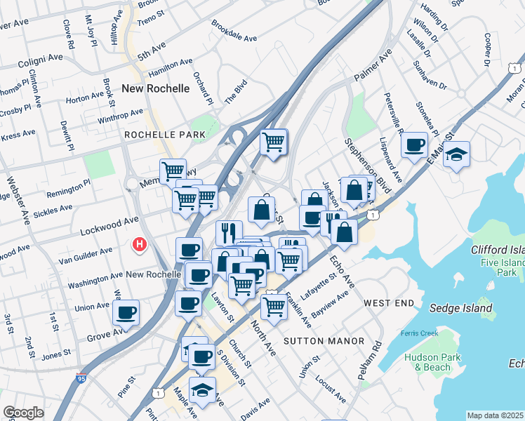 map of restaurants, bars, coffee shops, grocery stores, and more near 145 Huguenot Street in New Rochelle