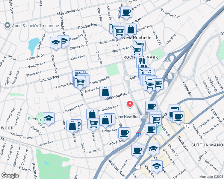 map of restaurants, bars, coffee shops, grocery stores, and more near 111 Lockwood Avenue in New Rochelle