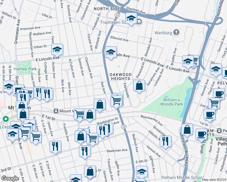 map of restaurants, bars, coffee shops, grocery stores, and more near 66 New York 22 in Mount Vernon
