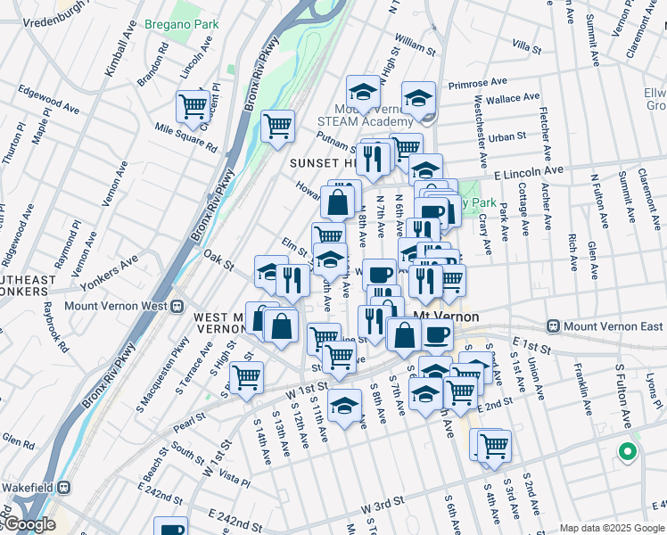 map of restaurants, bars, coffee shops, grocery stores, and more near 68 North 9th Avenue in Mount Vernon