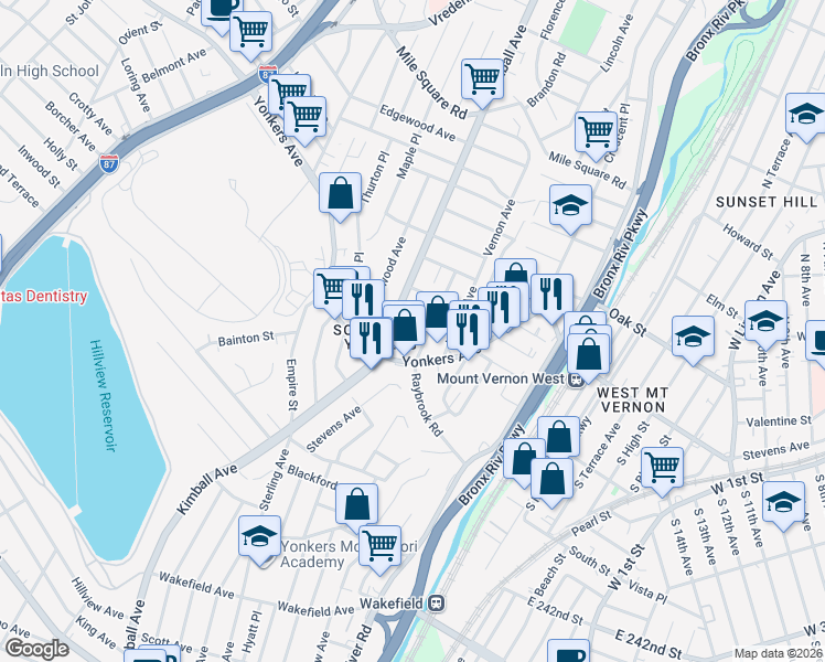 map of restaurants, bars, coffee shops, grocery stores, and more near in Yonkers
