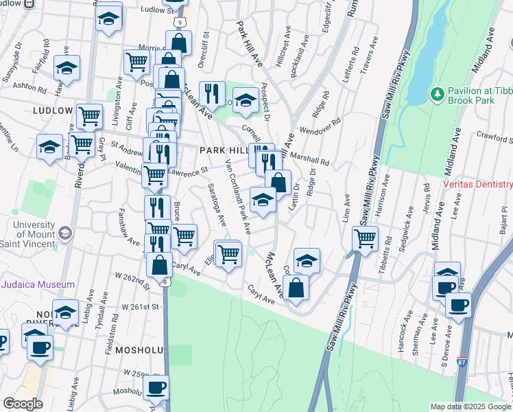 map of restaurants, bars, coffee shops, grocery stores, and more near 550 Van Cortlandt Park Avenue in Yonkers