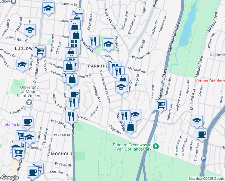 map of restaurants, bars, coffee shops, grocery stores, and more near 550 Van Cortlandt Park Avenue in Yonkers