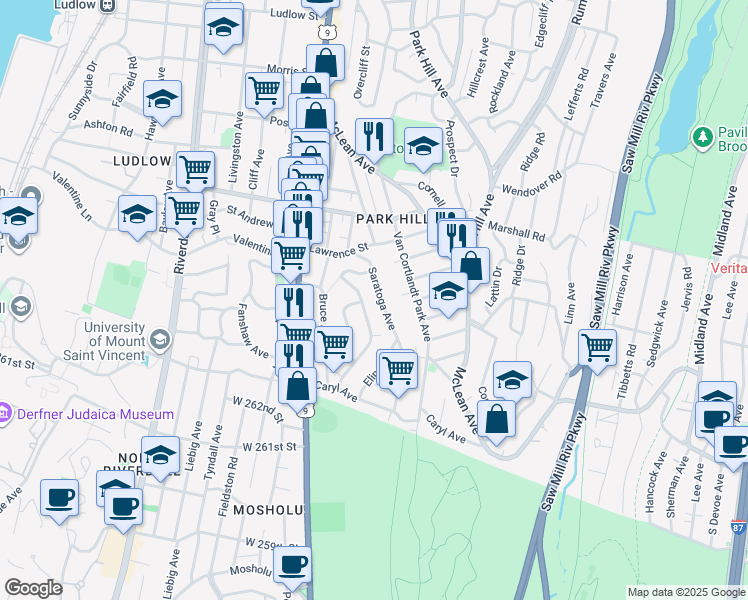 map of restaurants, bars, coffee shops, grocery stores, and more near 110 Saratoga Avenue in Yonkers