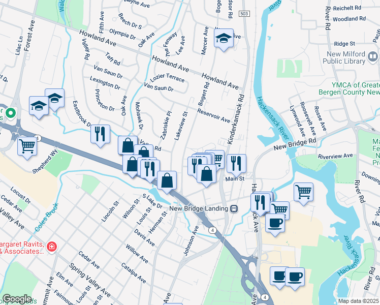 map of restaurants, bars, coffee shops, grocery stores, and more near 158 Oxford Terrace in River Edge