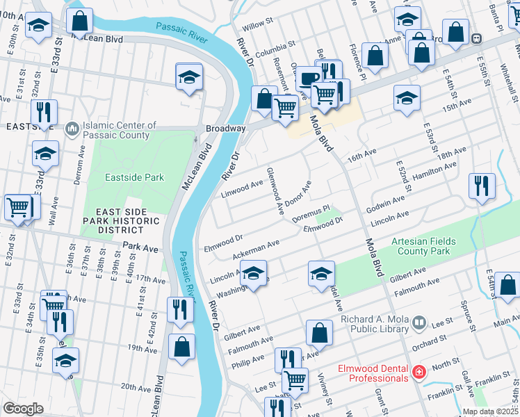 map of restaurants, bars, coffee shops, grocery stores, and more near 66 Donor Avenue in Elmwood Park
