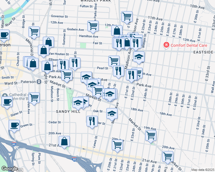 map of restaurants, bars, coffee shops, grocery stores, and more near 758 East 18th Street in Paterson