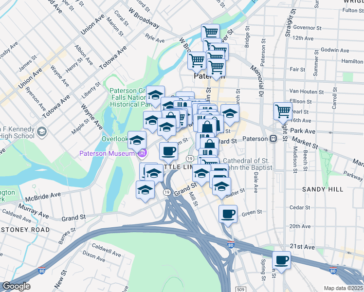 map of restaurants, bars, coffee shops, grocery stores, and more near 28 Ward Street in Paterson