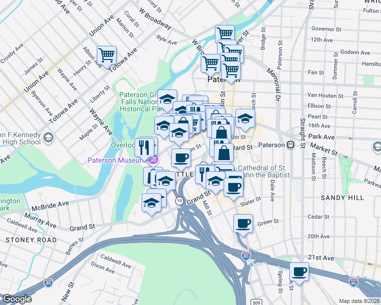 map of restaurants, bars, coffee shops, grocery stores, and more near 64 Mill Street in Paterson