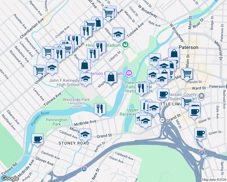 map of restaurants, bars, coffee shops, grocery stores, and more near 68 Front Street in Paterson